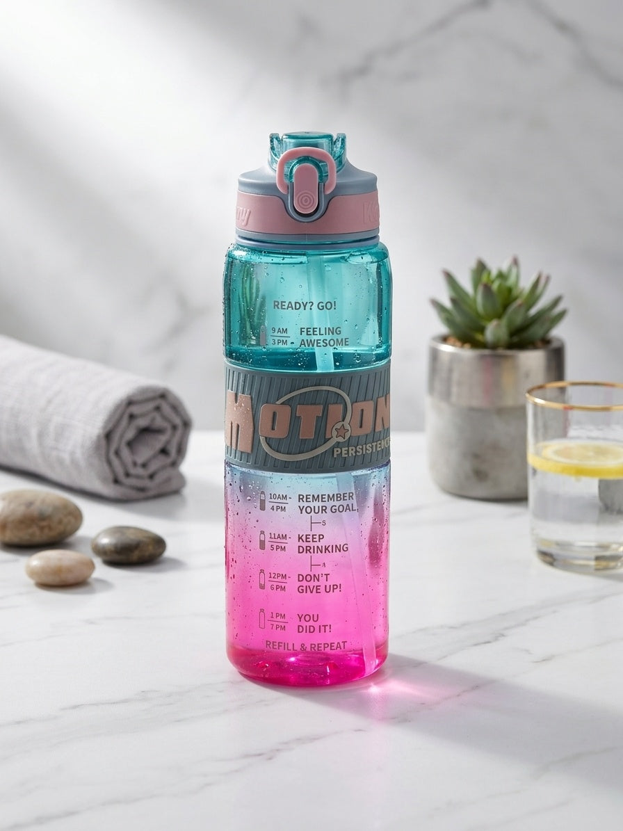 Sports water bottle with straw, teal and pink gradient bottle with snap straw lid.