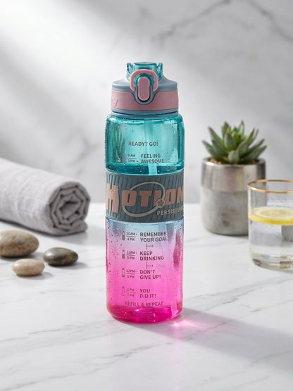 Sports water bottle with straw, teal and pink gradient bottle with snap straw lid.