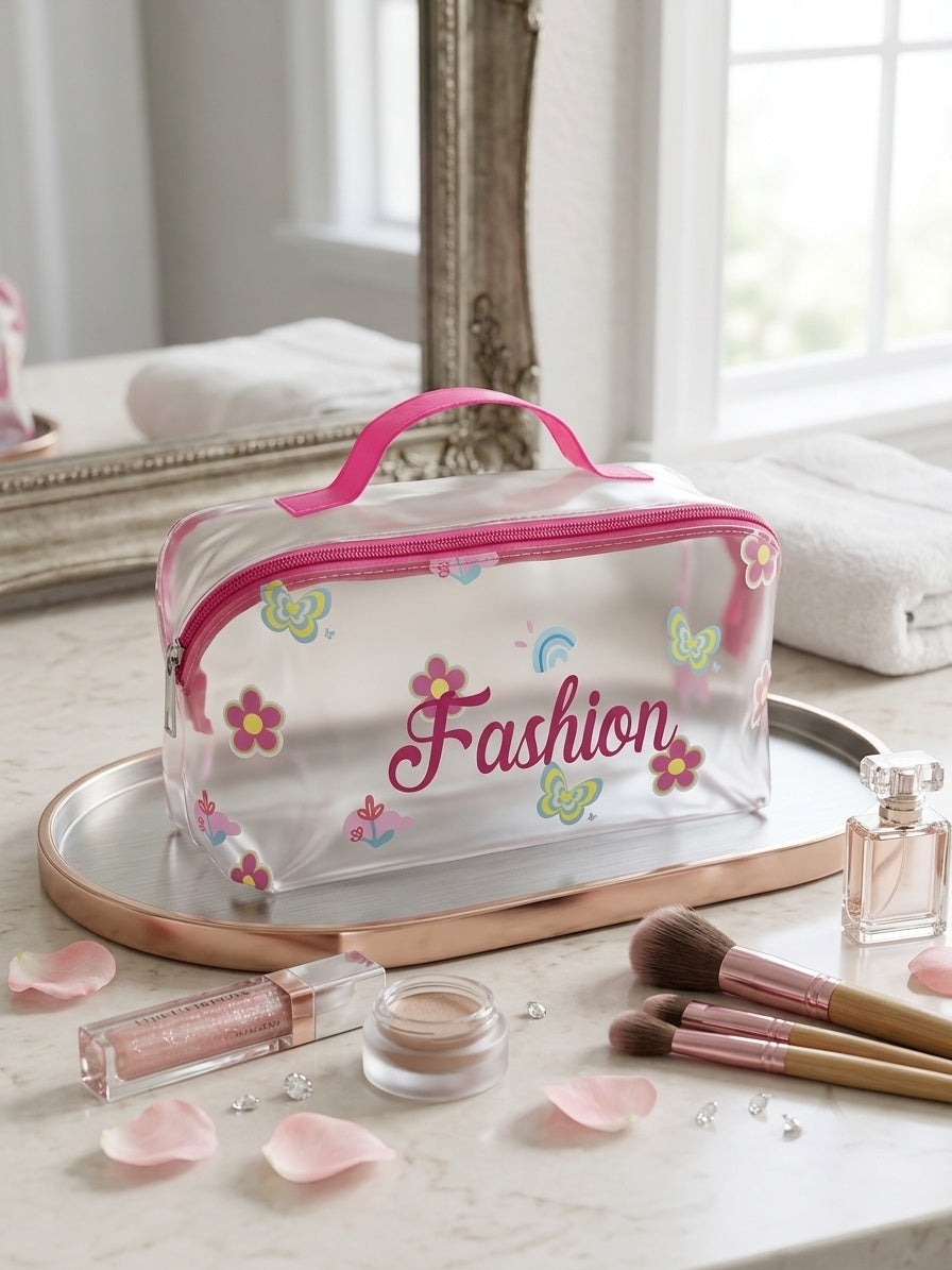 Pink transparent cosmetic bag with top handle, 'Fashion' print and floral icons