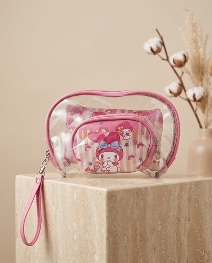 Nested clear cosmetic pouch set with pink character print and wrist strap detail