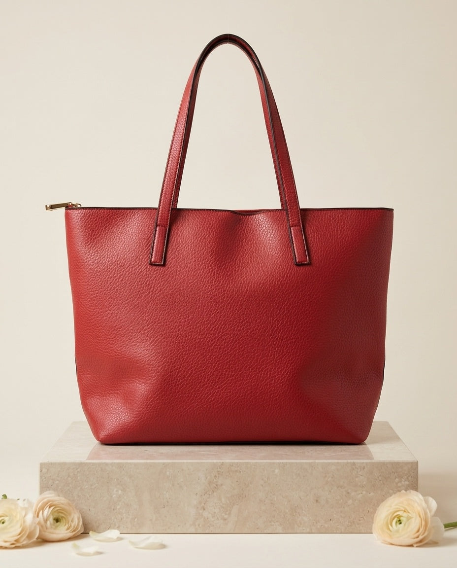 Pebbled faux leather pocket tote bag in red with buckle strap handles and front pocket