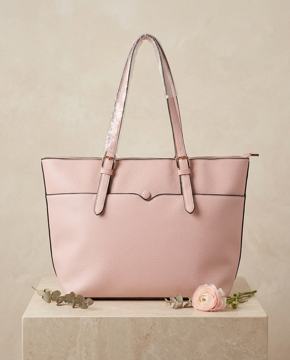 Pebbled faux leather pocket tote bag in pale pink with buckle strap handles and front pocket