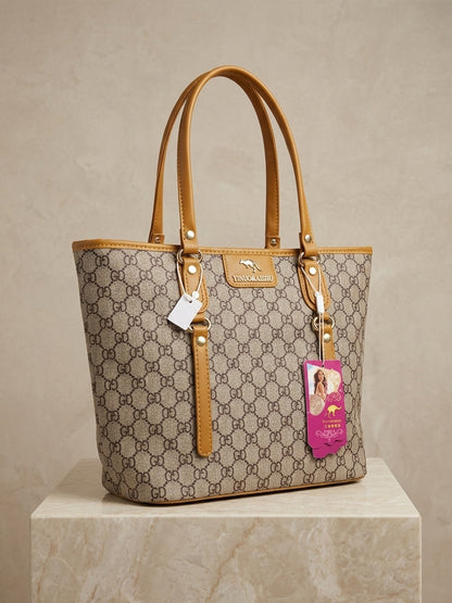 Monogram tote bag in beige-brown with tan leather trim and pink charm key tag