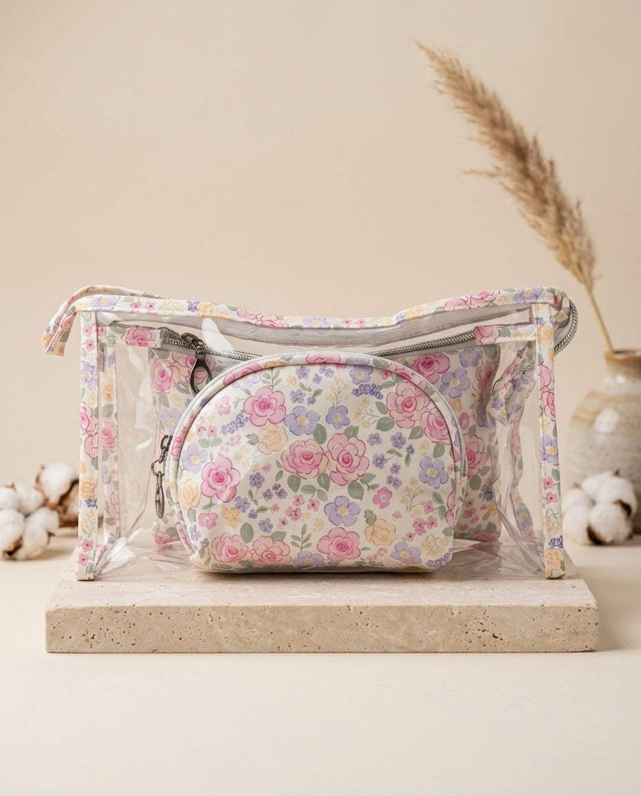 Clear dome floral cosmetic pouch set with large zip pouch and round front pouch