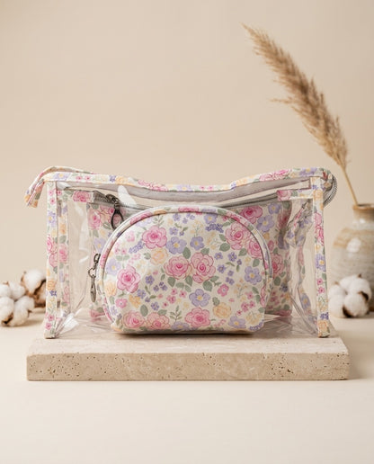 Clear dome floral cosmetic pouch set with large zip pouch and round front pouch