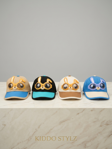 Kids baseball caps set with bunny aviator goggles, four colors on display