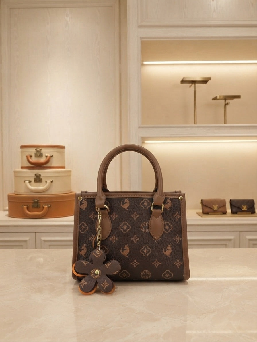 Brown monogram tote bag with handles, flower charm, and shoulder strap—side view