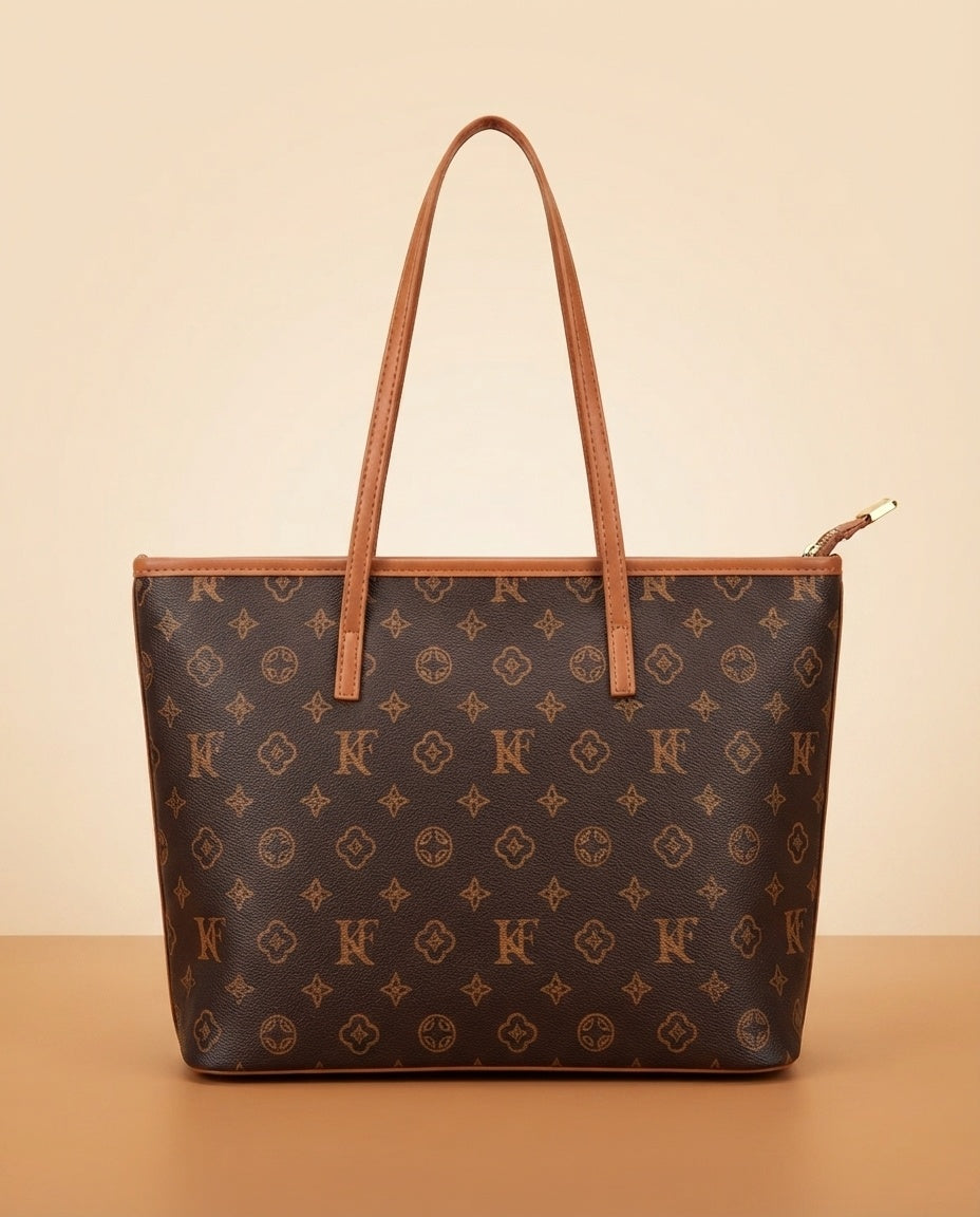 Structured tote bag with repeating logo print and tan shoulder handles