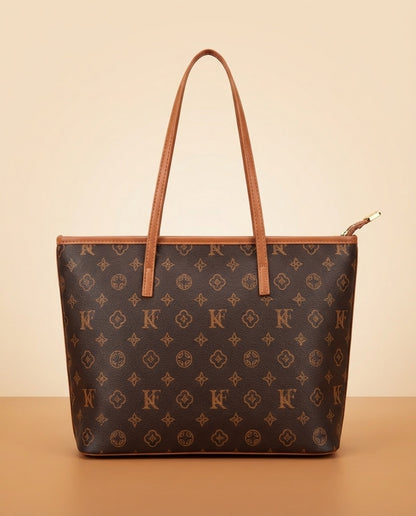 Structured tote bag with repeating logo print and tan shoulder handles