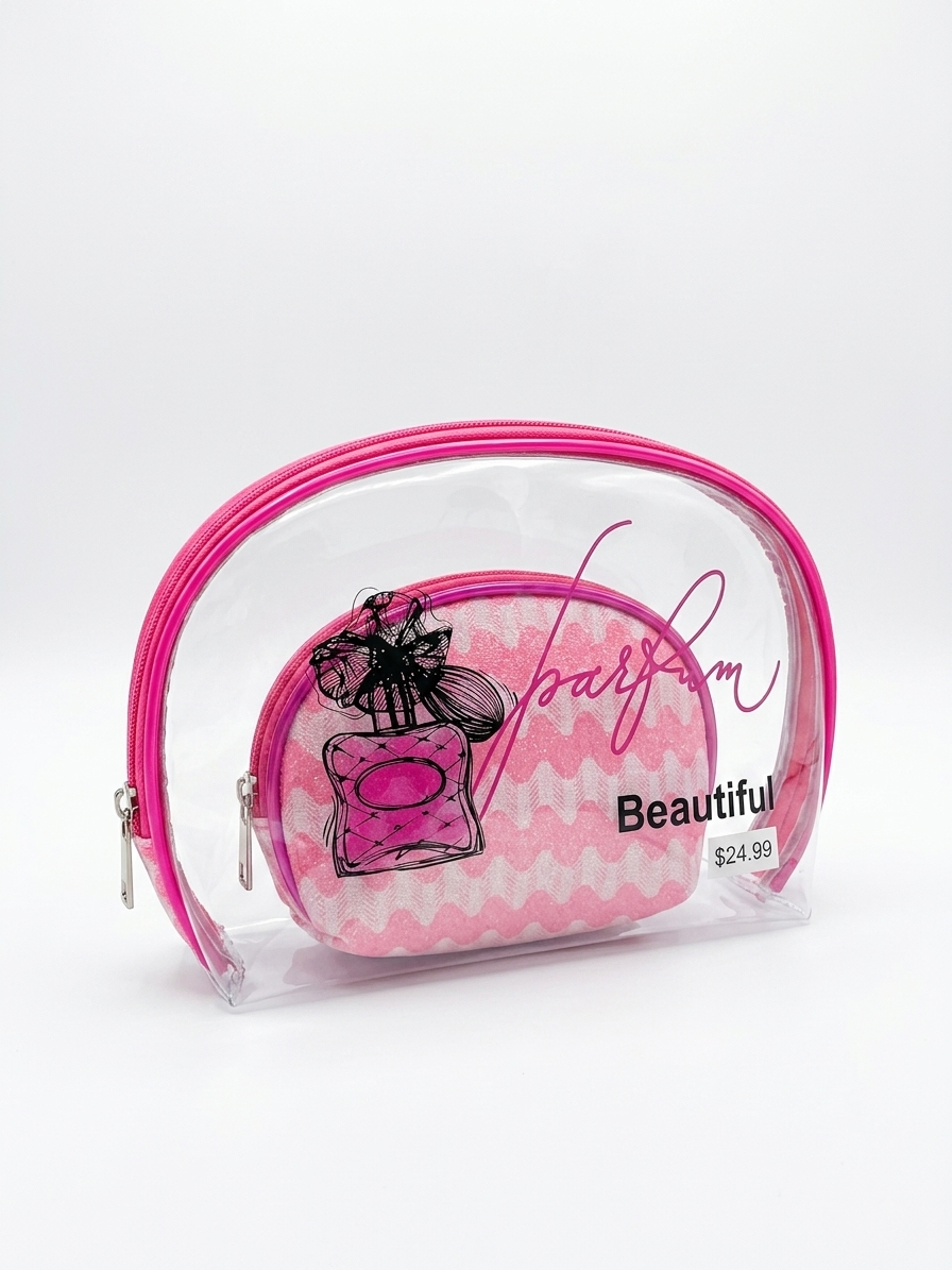 Pink transparent cosmetic pouch with iridescent trim and perfume graphic, 'Beautiful Girl'
