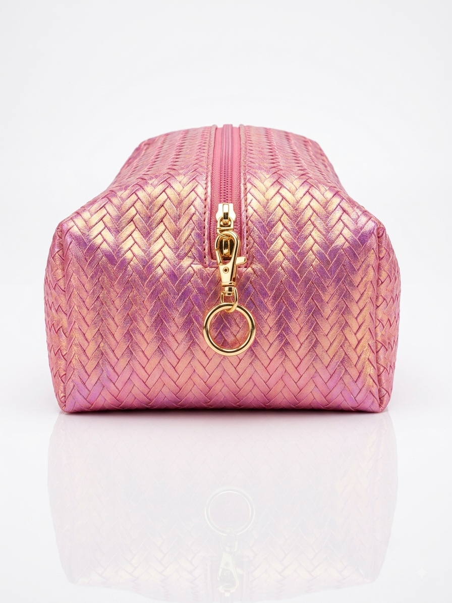 Iridescent woven makeup pouch in pink with zip closure and gold heart charm