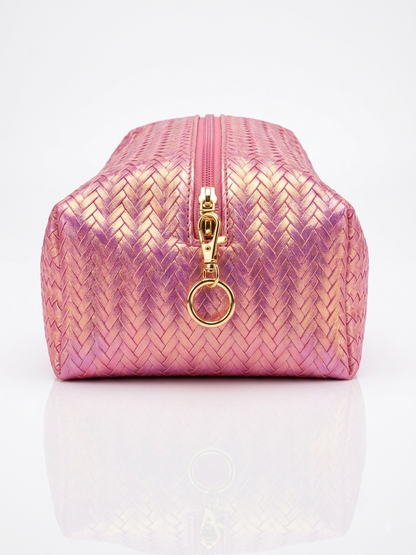 Iridescent woven makeup pouch in pink with zip closure and gold heart charm