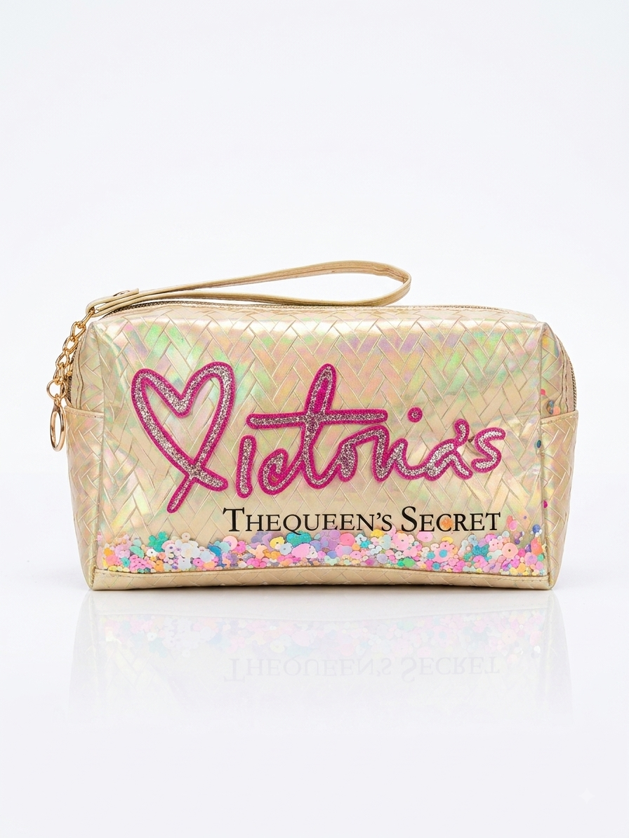 Iridescent woven makeup pouch in gold with pink heart logo, top zipper and wrist strap