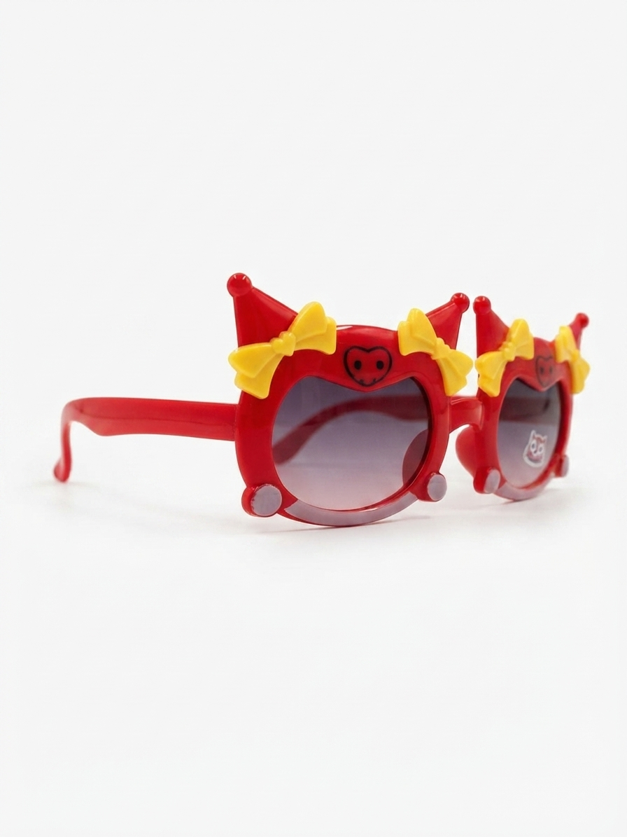 Kids cat-ear sunglasses with red frames and yellow bow details, side view
