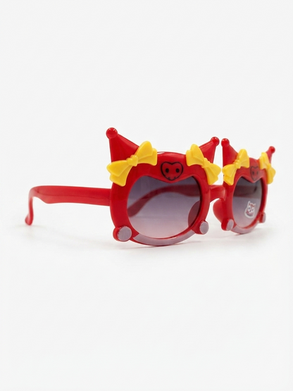 Kids cat-ear sunglasses with red frames and yellow bow details, side view