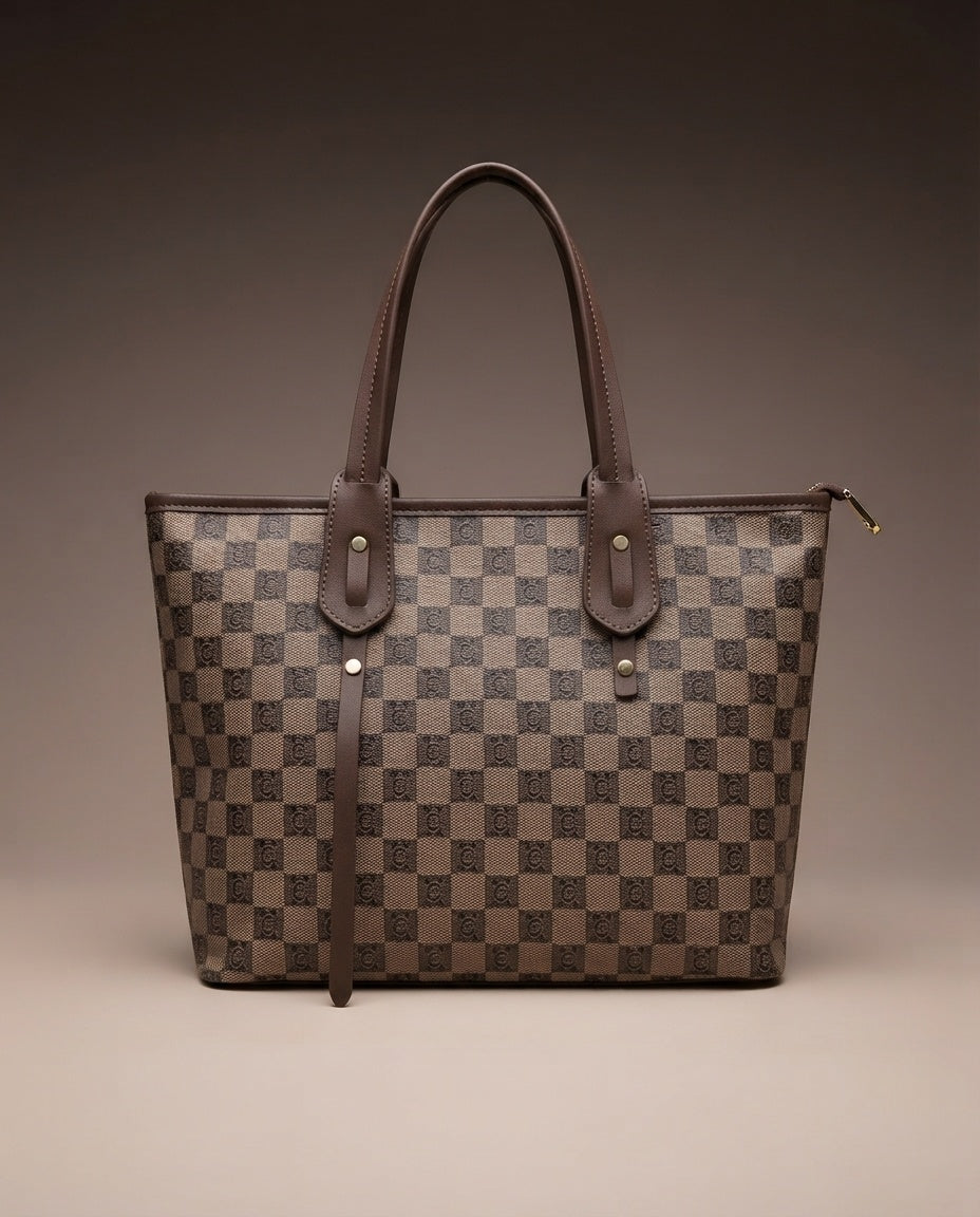 Checkered logo print structured tote bag with gray handles and top zipper