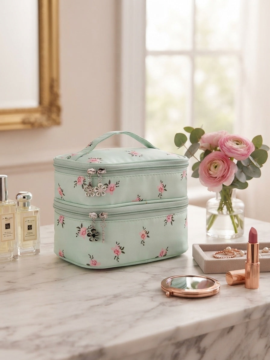 Mint floral quilted double-layer cosmetic organizer bag, top handle, zip closure.
