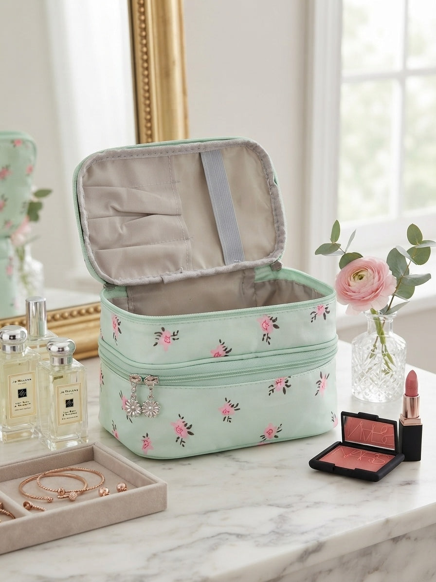 Double-Layer Floral Quilted Cosmetic & Toiletry Organizer Bag - 4 Color Set