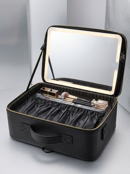 Black LED makeup case with open top tray, illuminated mirror, brush slots and pockets
