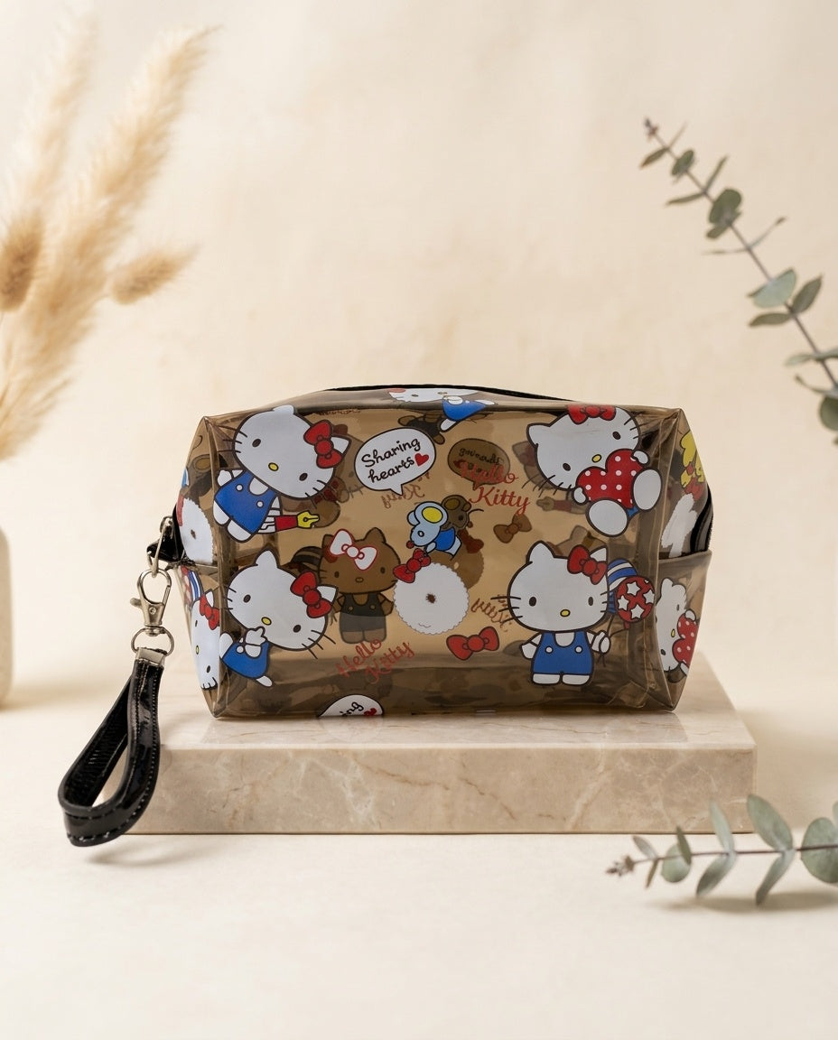 Brown translucent cosmetic pouch with Hello Kitty pattern and wristlet strap