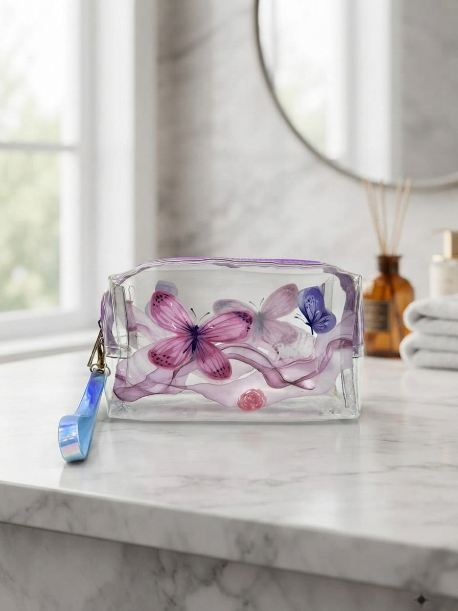 Transparent cosmetic bag with purple and pink butterfly print, top zipper and blue wrist strap