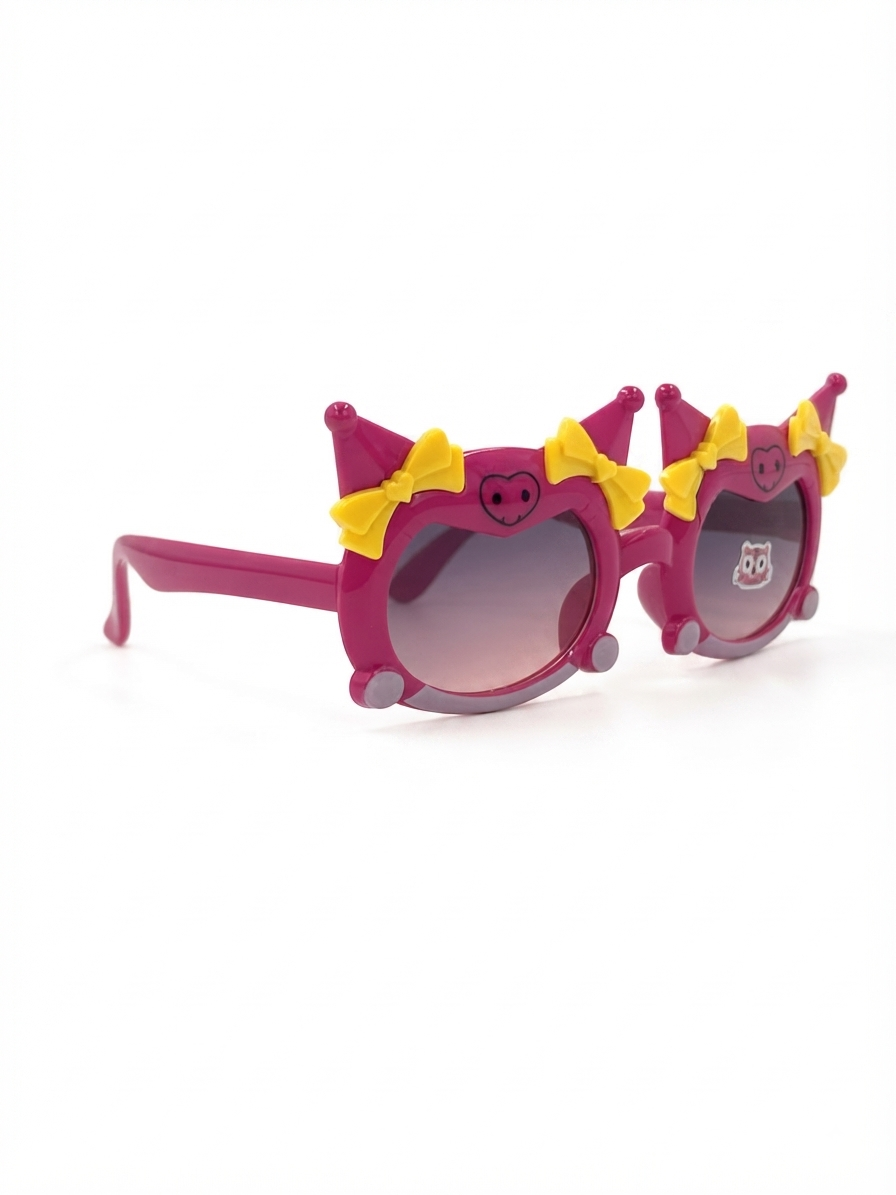 Kids cat-ear party sunglasses, dark pink frames with yellow bows and cartoon cat faces