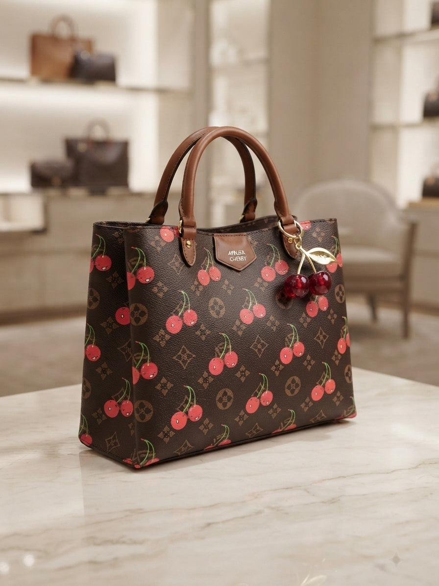 Structured black tote with cherry print, brown leather handles, gold-tone hardware
