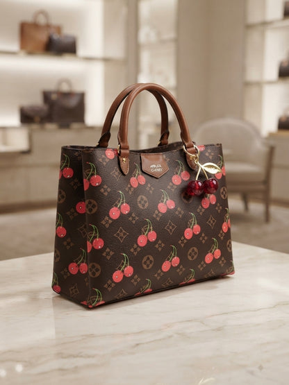 Structured black tote with cherry print, brown leather handles, gold-tone hardware