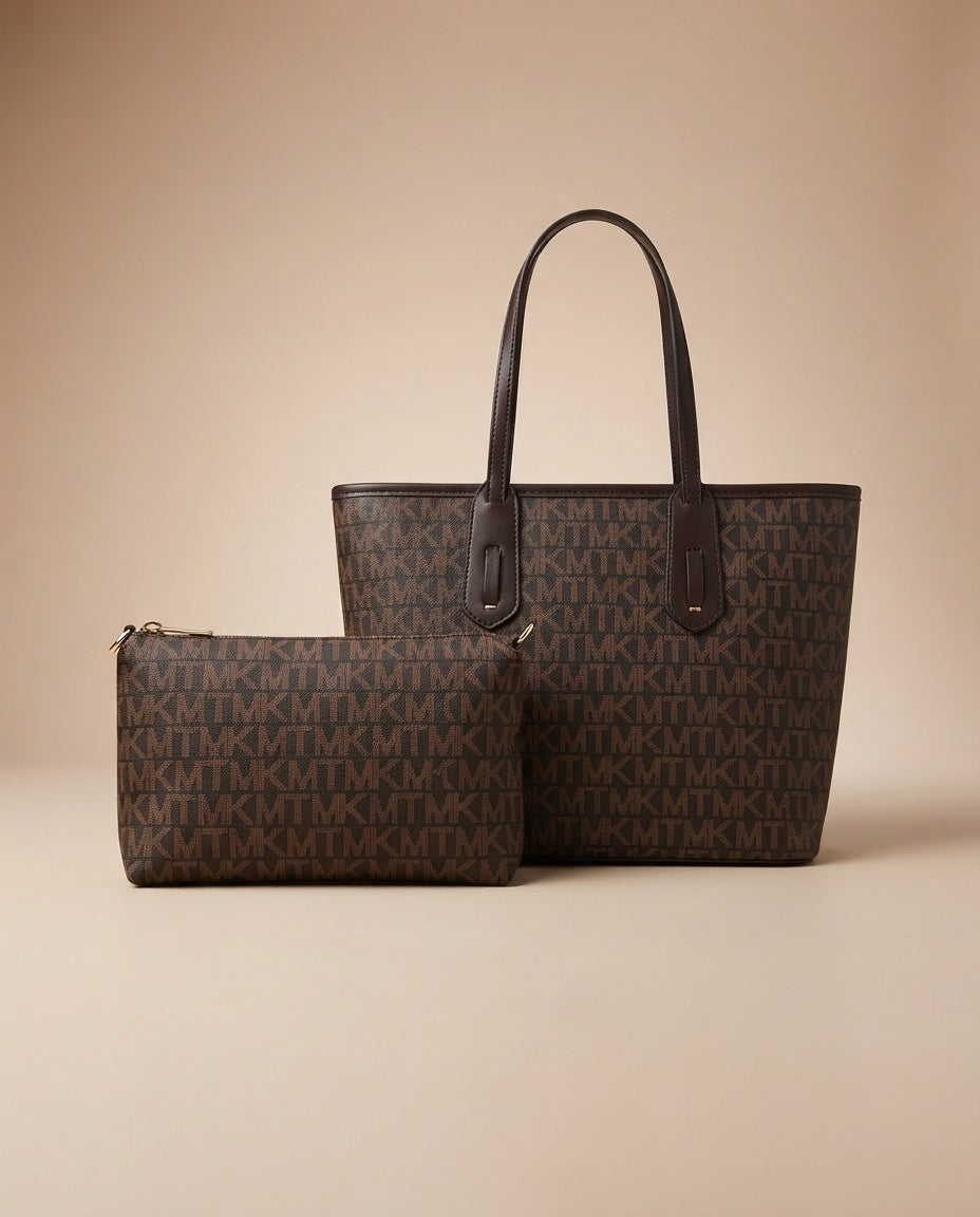 Structured tote and crossbody bag set with dark monogram print, top handles and matching pouch