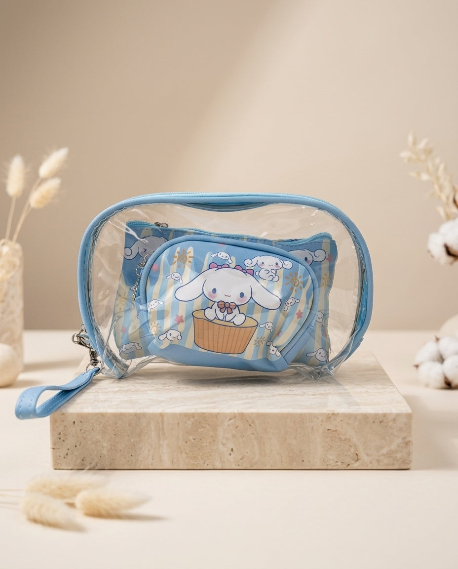 Nested clear cosmetic pouch set with Cinnamoroll blue print and zipper front pouch