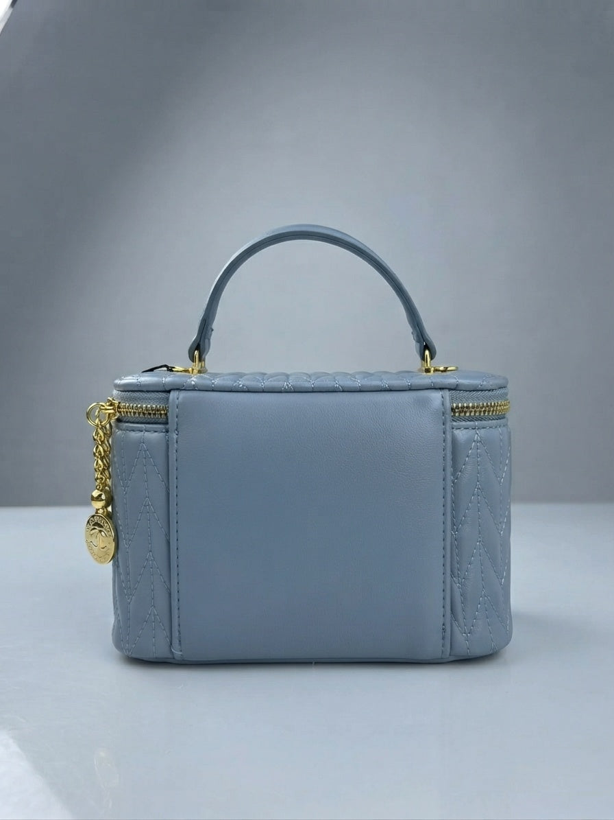 "miu miu" blue Matelassé leather vanity cosmetic case with top handle and gold zipper