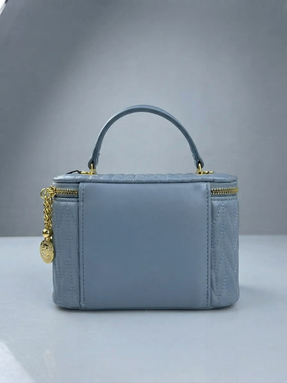 "miu miu" blue Matelassé leather vanity cosmetic case with top handle and gold zipper