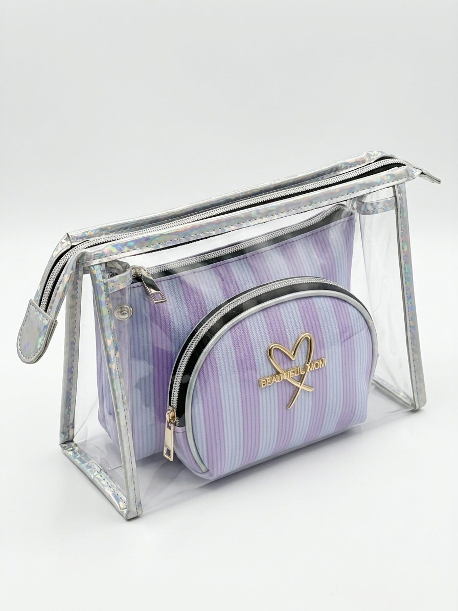 Transparent cosmetic bag set featuring a lavender striped zip pouch with curved handle