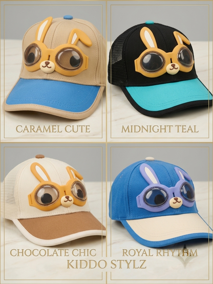 Kids baseball caps with bunny aviator goggles, four colors: beige, teal, brown, blue