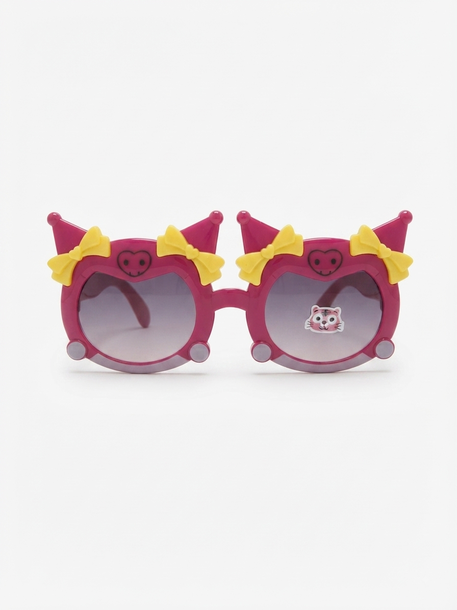 Kids round cat-ear sunglasses with yellow bows on magenta frames