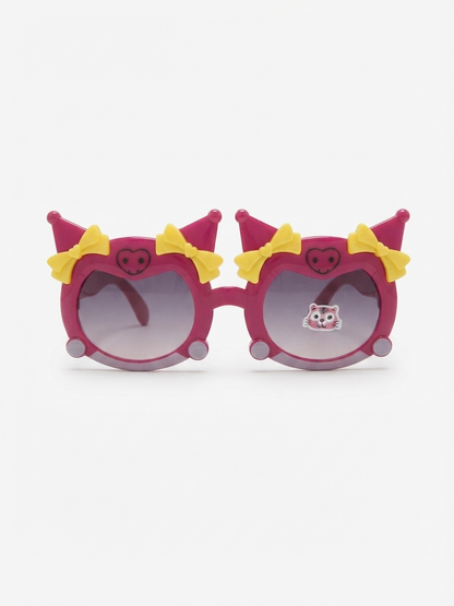 Kids round cat-ear sunglasses with yellow bows on magenta frames