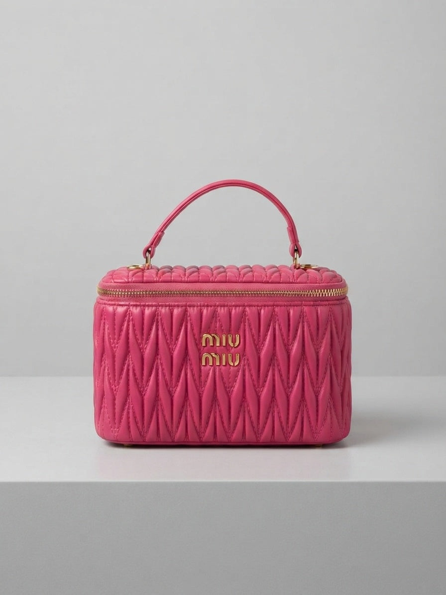 miu miu pink matelassé leather vanity cosmetic case with top handle