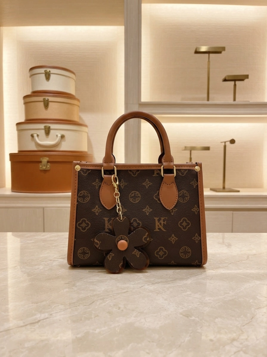 Structured monogram tote bag with top handles, crossbody strap, and flower charm