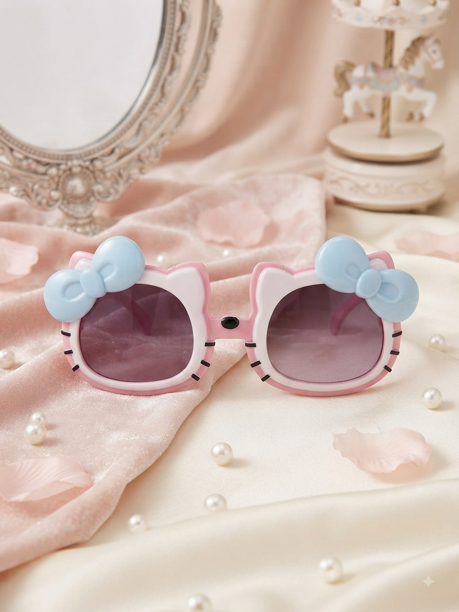 Kids cat-style sunglasses with dark lenses, pink frame, and light blue bow accents