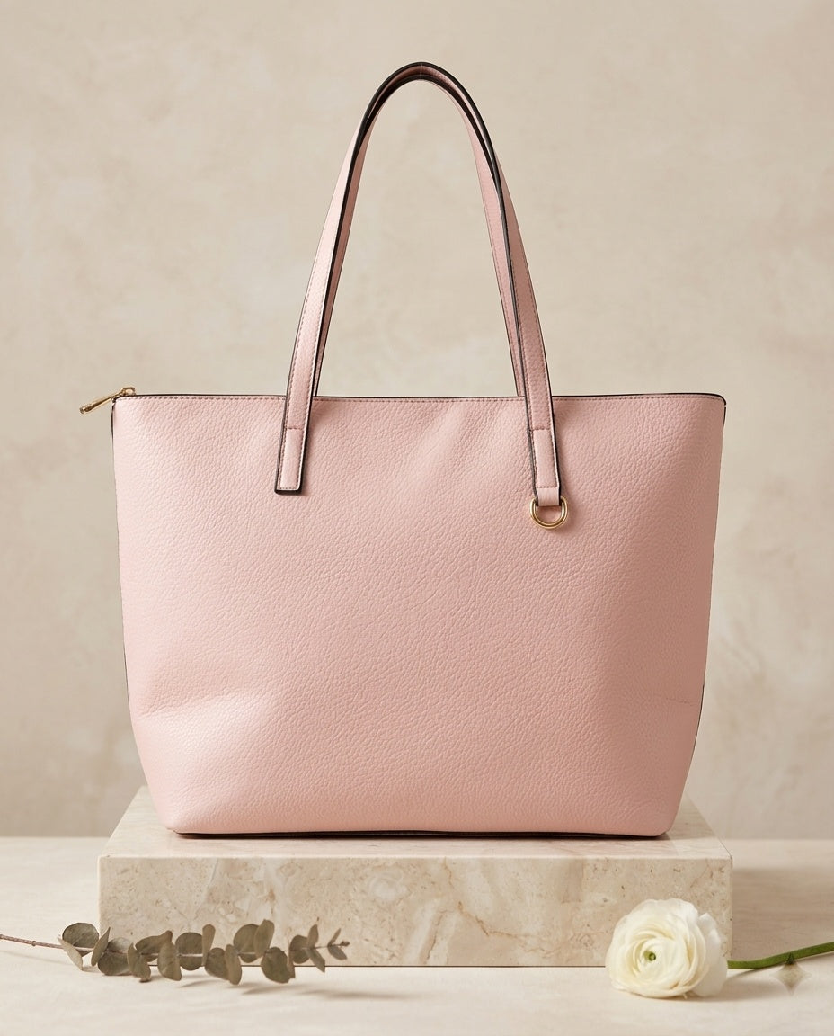 Pebbled faux leather pocket tote bag in light pink with buckle strap handles and front pocket