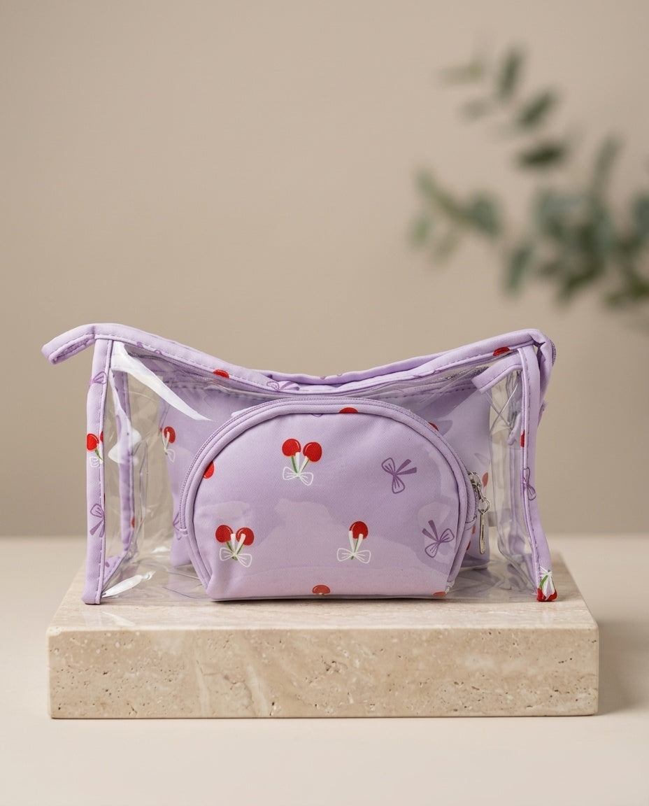 Lavender cherry-print cosmetic pouch set with clear zip organizer bag and round zip pouch