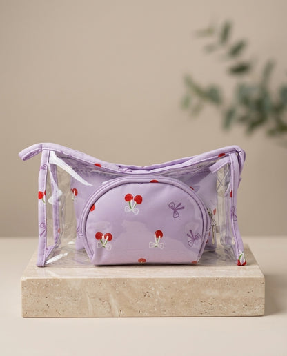 Lavender cherry-print cosmetic pouch set with clear zip organizer bag and round zip pouch