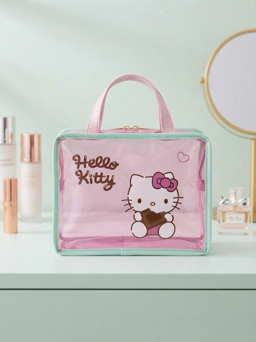 Clear pink cosmetic travel bag with top handle, Hello Kitty graphic