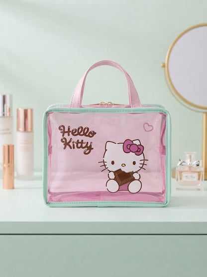 Clear pink cosmetic travel bag with top handle, Hello Kitty graphic