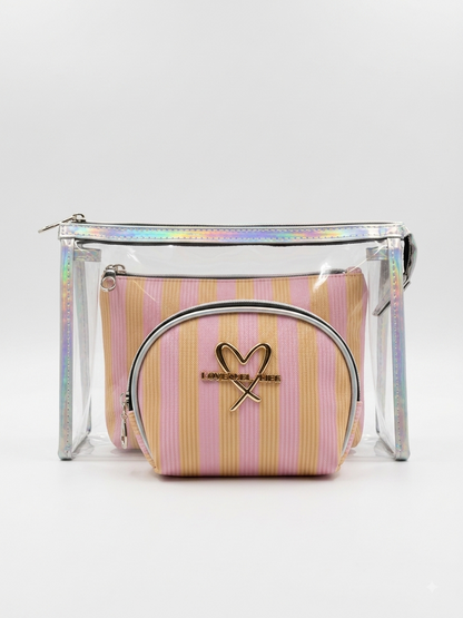 Transparent cosmetic bag set with pink and lavender striped zip pouch and arch zipper