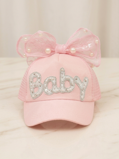Kids pink trucker cap with rhinestone 'Baby' and sheer bow with pearl accents