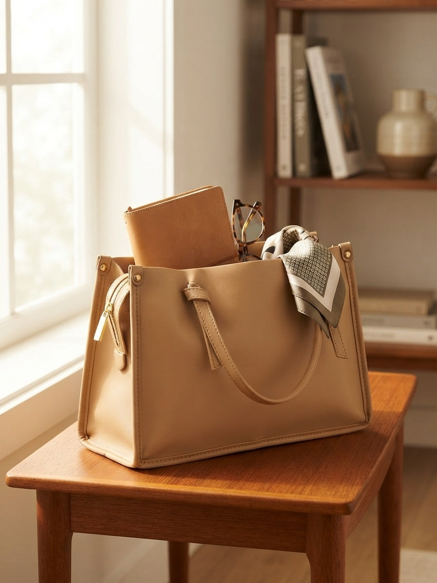 Knot-accent structured shoulder bag in beige with top handles and bow-tied charm