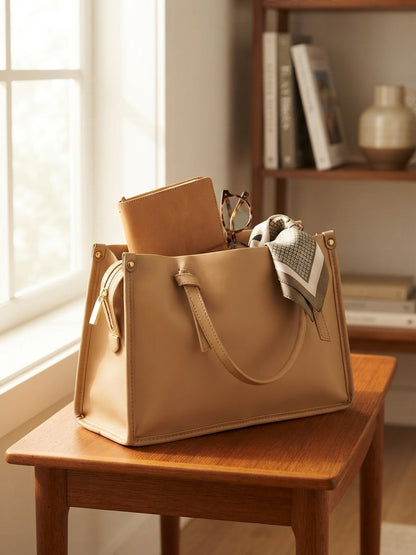 Knot-accent structured shoulder bag in beige with top handles and bow-tied charm