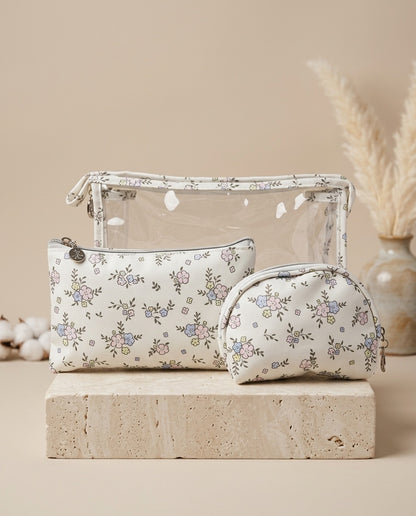 Two-piece floral clear cosmetic pouch set with zip pouches and matching round pouch