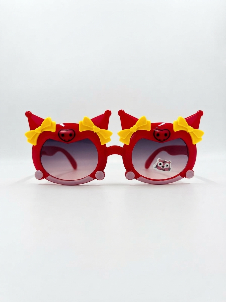 Kids round cat-ear sunglasses with yellow bows on red frames